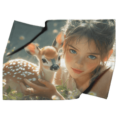 Cute Girl Holding Fawn in Spring Meadow Cozy Fleece Sherpa Blanket - Awakening Aesthetics