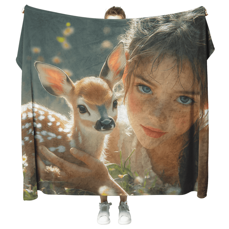 Cute Girl Holding Fawn in Spring Meadow Cozy Fleece Sherpa Blanket - Awakening Aesthetics