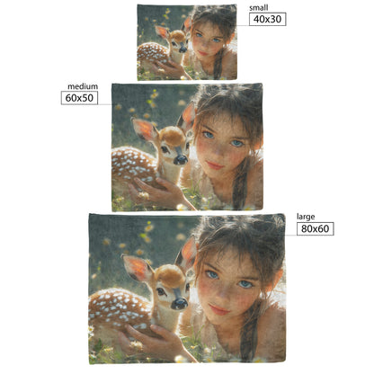 Cute Girl Holding Fawn in Spring Meadow Cozy Fleece Sherpa Blanket - Awakening Righteousness
