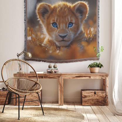 Cute Lion Cub in Golden Autumn Leaves Cozy Woven Throw Blanket - Awakening Righteousness