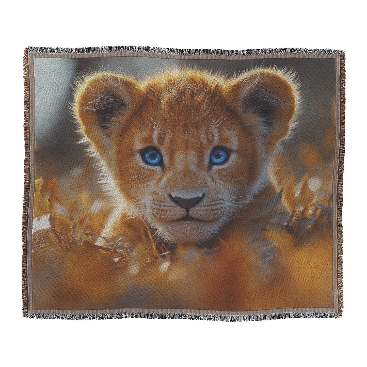 Cute Lion Cub in Golden Autumn Leaves Cozy Woven Throw Blanket - Awakening Righteousness