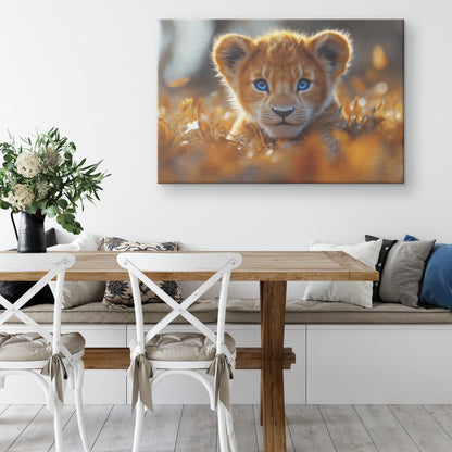Cute Lion Cub With Blue Eyes Lying In Golden Autumn Leaves Canvas Wall Art Decor - Awakening Righteousness