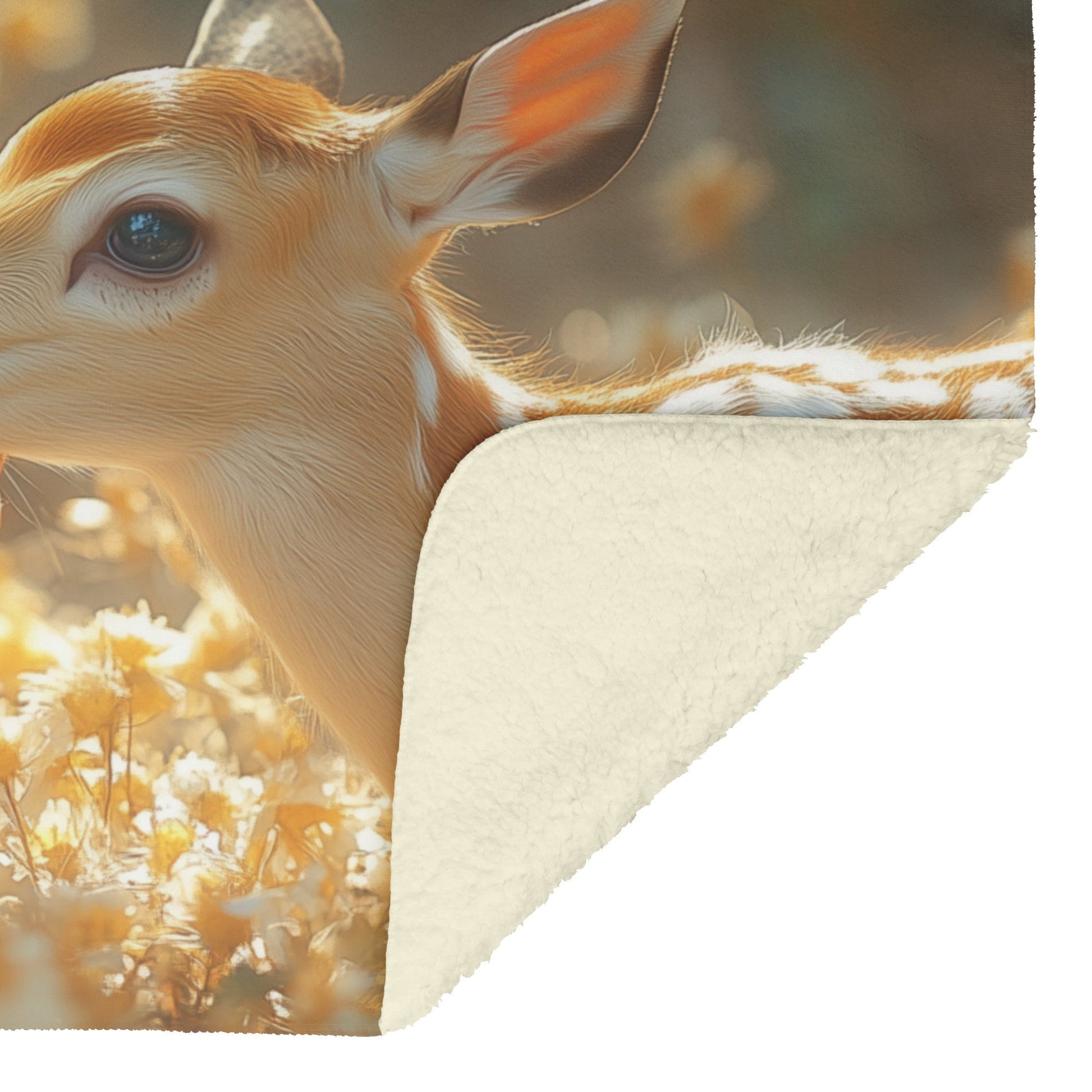 Cute Little Girl Feeding Baby Deer Surrounded by Vibrant Flowers in Warm Sunshine Cozy Fleece Sherpa Blanket - Awakening Righteousness
