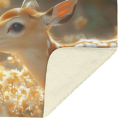 Cute Little Girl Feeding Baby Deer Surrounded by Vibrant Flowers in Warm Sunshine Cozy Fleece Sherpa Blanket - Awakening Righteousness