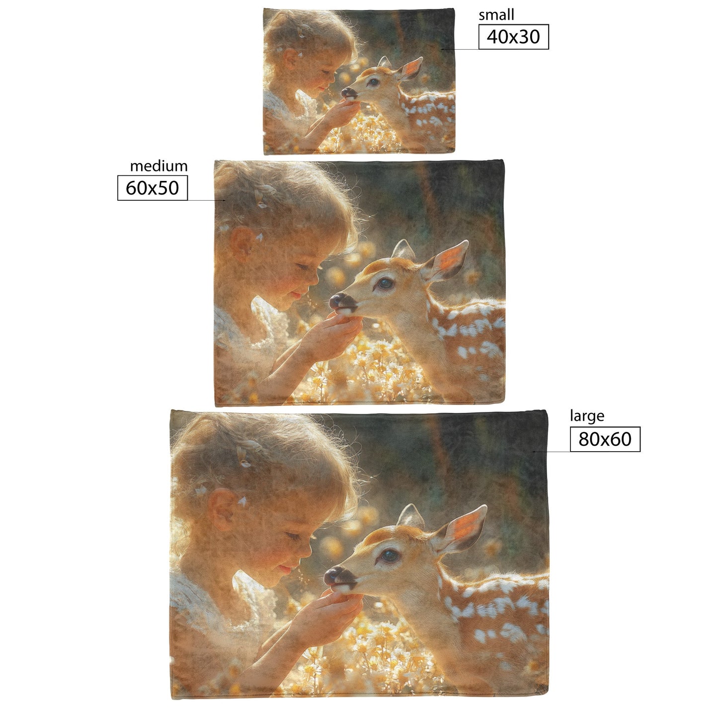 Cute Little Girl Feeding Baby Deer Surrounded by Vibrant Flowers in Warm Sunshine Cozy Fleece Sherpa Blanket - Awakening Righteousness