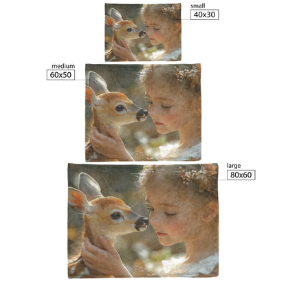 Cute Little Girl Stroking Deer Cub in White Dress with Serene Backdrop Cozy Fleece Sherpa Blanket - Awakening Righteousness