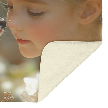 Cute Little Girl Stroking Deer Cub in White Dress with Serene Backdrop Cozy Fleece Sherpa Blanket - Awakening Righteousness