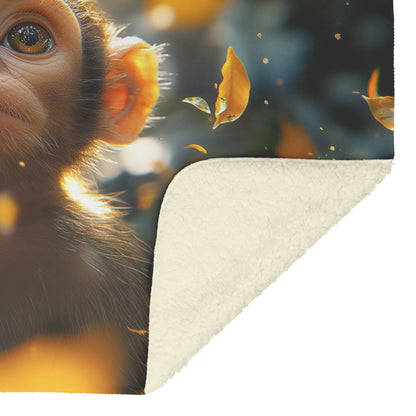 Cute Little Monkey Autumn Leaves Cozy Fleece Sherpa Blanket Peaceful Optimism - Awakening Righteousness