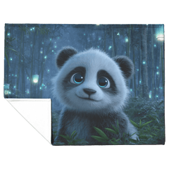 Cute Panda With Blue Eyes Surrounded By Floating Lanterns In Glowing Bamboo Forest Sherpa Fleece Blanket - Awakening Aesthetics