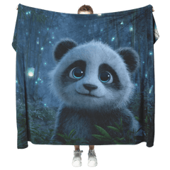 Cute Panda With Blue Eyes Surrounded By Floating Lanterns In Glowing Bamboo Forest Sherpa Fleece Blanket - Awakening Aesthetics