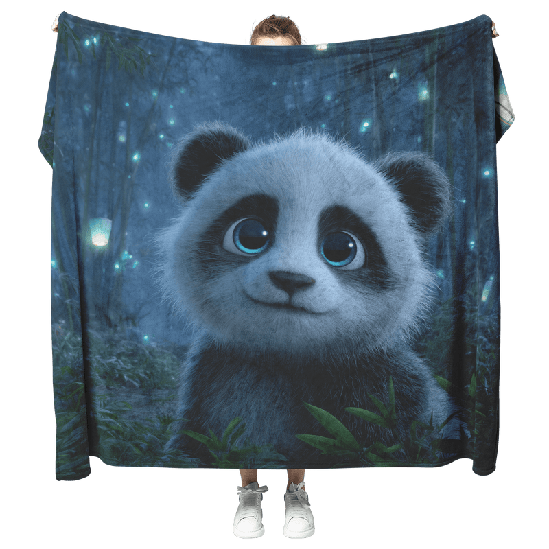 Cute Panda With Blue Eyes Surrounded By Floating Lanterns In Glowing Bamboo Forest Sherpa Fleece Blanket - Awakening Aesthetics