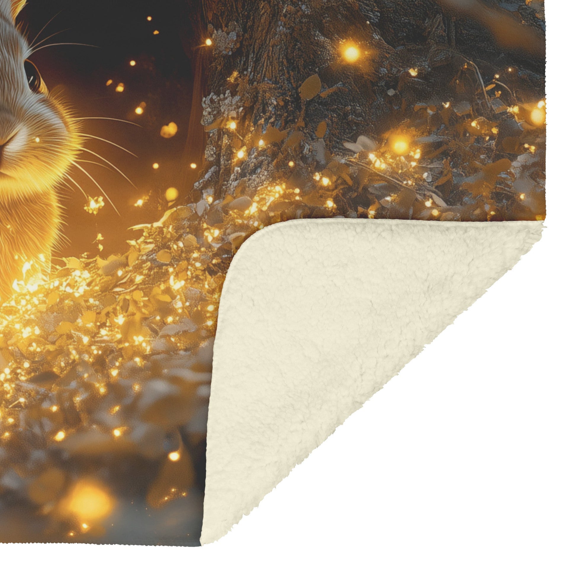 Cute Rabbit Peeking from Glowing Tree Hollow with Shimmering Fireflies and Golden Forest Mist Fleece Sherpa Blanket - Awakening Righteousness
