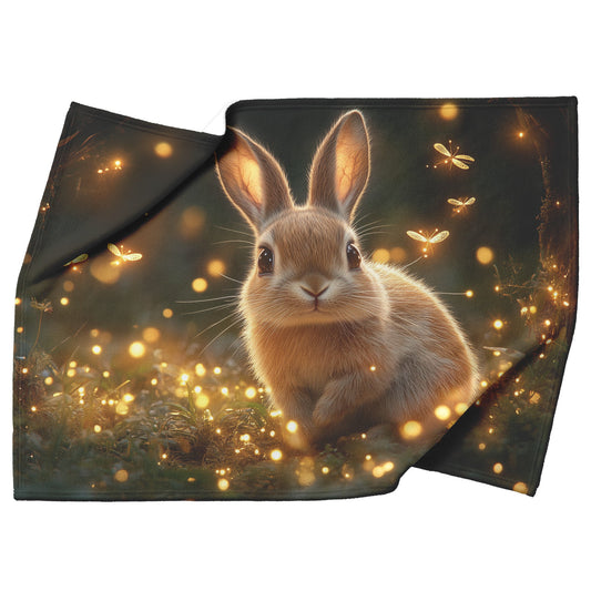 Cute Rabbit Surrounded by Shimmering Fireflies and Golden Forest Mist Fleece Sherpa Blanket - Awakening Righteousness