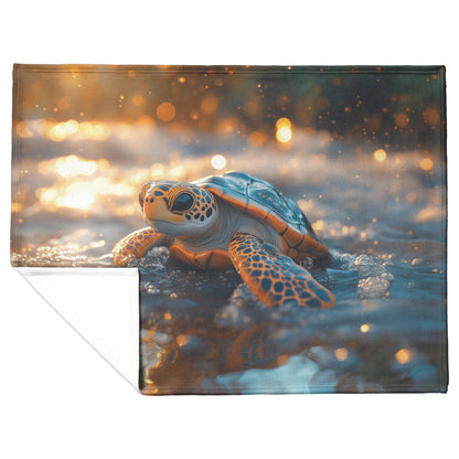 Cute Turtle Gliding Through Crystal Waters in Golden Sunset Cozy Fleece Sherpa Blanket - Awakening Righteousness