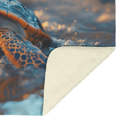 Cute Turtle Gliding Through Crystal Waters in Golden Sunset Cozy Fleece Sherpa Blanket - Awakening Righteousness