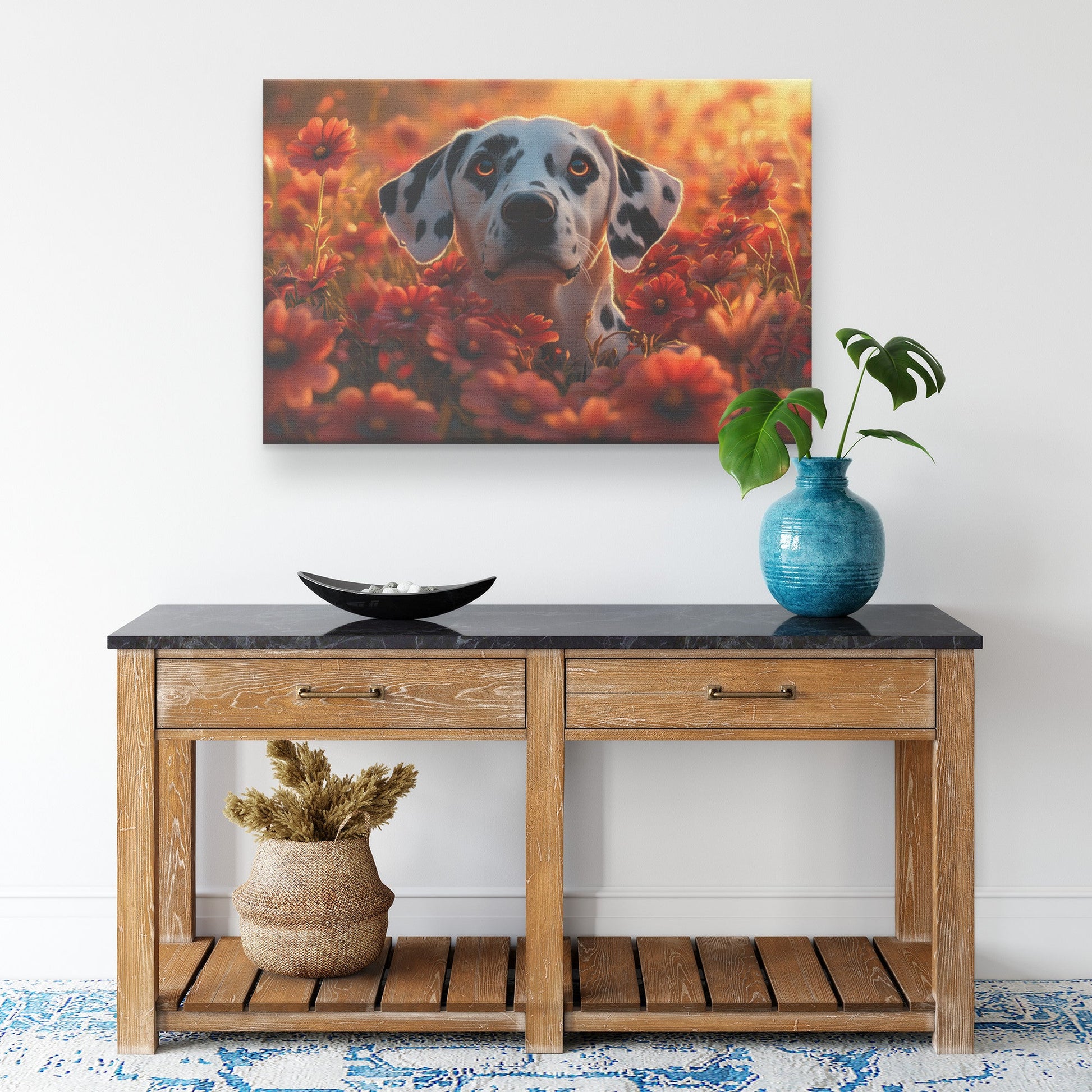 Dalmatian Standing Playfully in Vibrant Garden with Glowing Flowers and Soft Sunlight Canvas Wall Art Decor - Awakening Righteousness