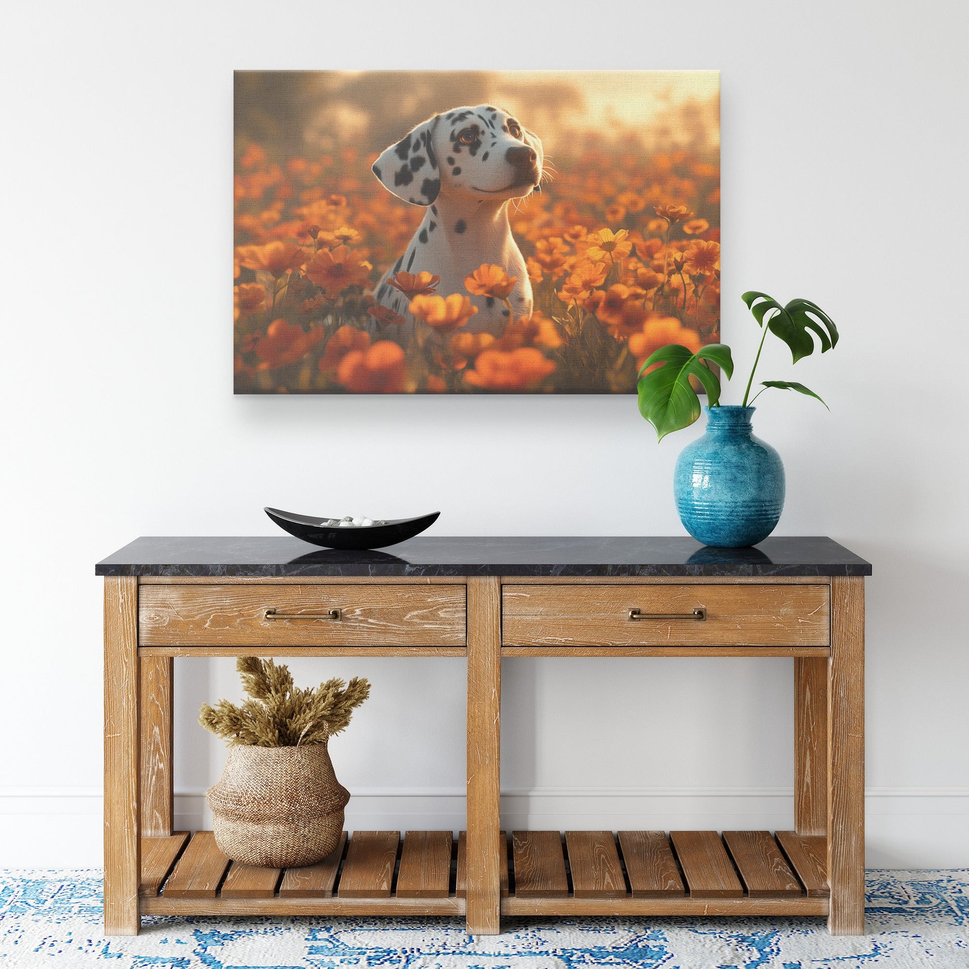 Dalmatian Standing Playfully in Vibrant Garden with Glowing Flowers and Soft Sunlight Canvas Wall Art Decor - Awakening Righteousness