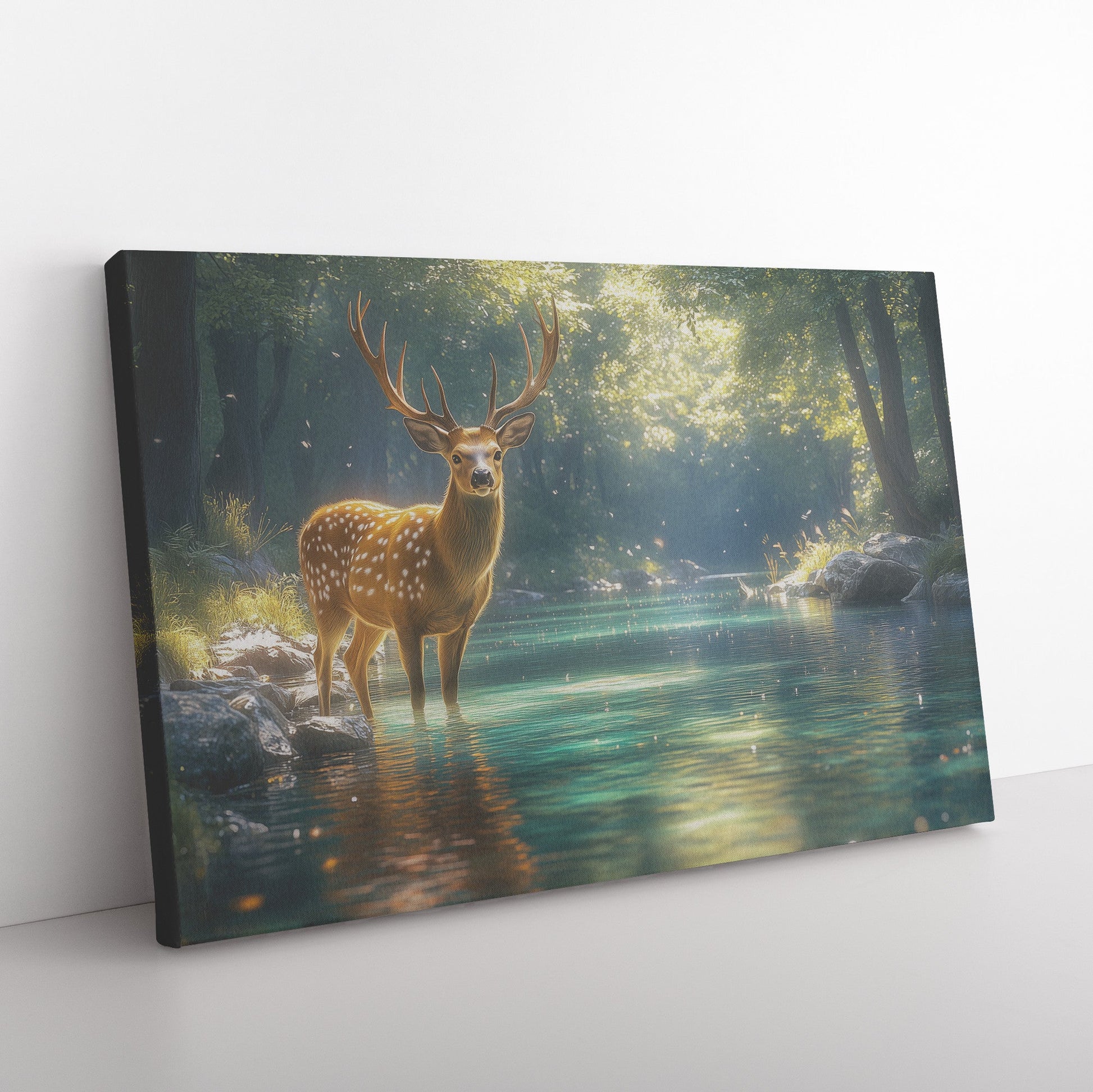 Deer by Crystal River Lush Greenery Magical Light Streaming Through Trees Canvas Wall Art Nature Decor - Awakening Righteousness