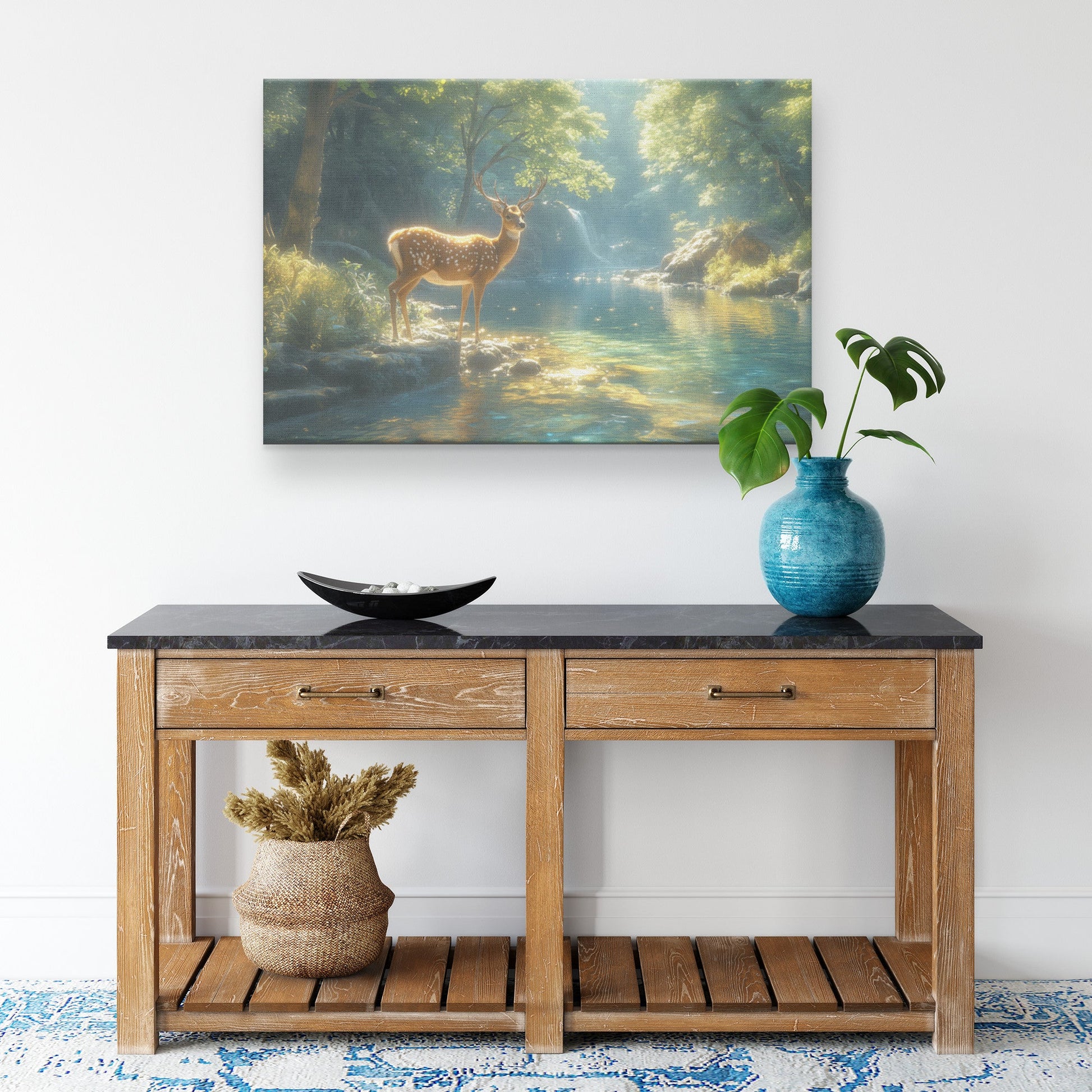 Deer by Glowing Crystal River Lush Greenery Magical Light Streaming Through Trees Canvas Wall Art - Awakening Righteousness