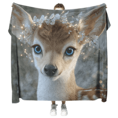 Deer Fawn With Bright Blue Eyes And Antlers Decorated With Fairy Lights Fleece Sherpa Blanket - Awakening Aesthetics