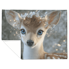 Deer Fawn With Bright Blue Eyes And Antlers Decorated With Fairy Lights Fleece Sherpa Blanket - Awakening Aesthetics
