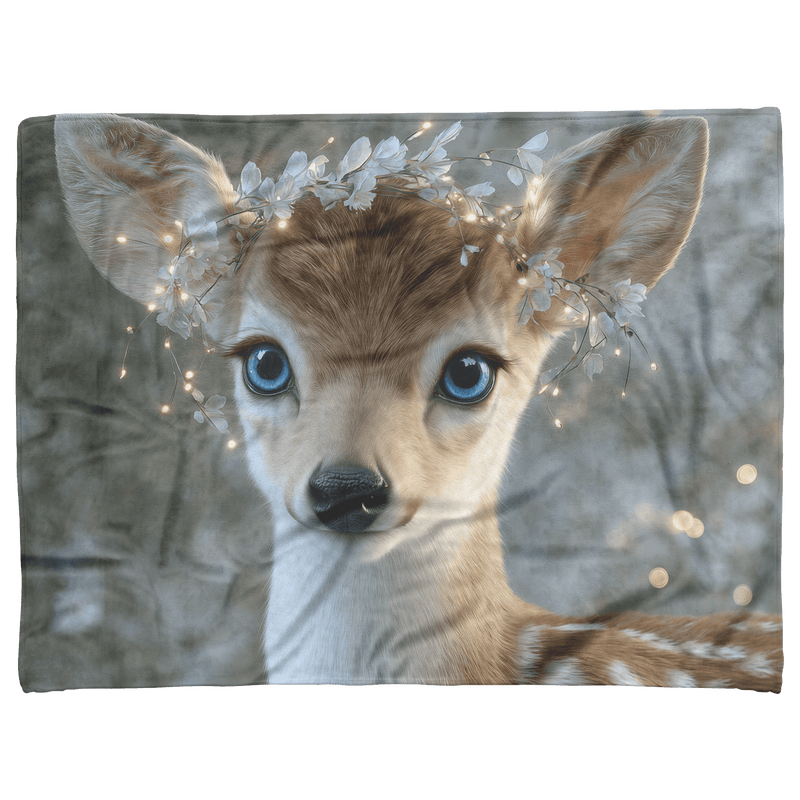 Deer Fawn With Bright Blue Eyes And Antlers Decorated With Fairy Lights Fleece Sherpa Blanket - Awakening Aesthetics