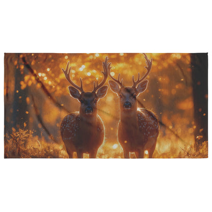 Deer with Glowing Antlers Beach Towel in Bioluminescent Forest Surrounded by Shimmering Plants and Magical Atmosphere - Awakening Righteousness