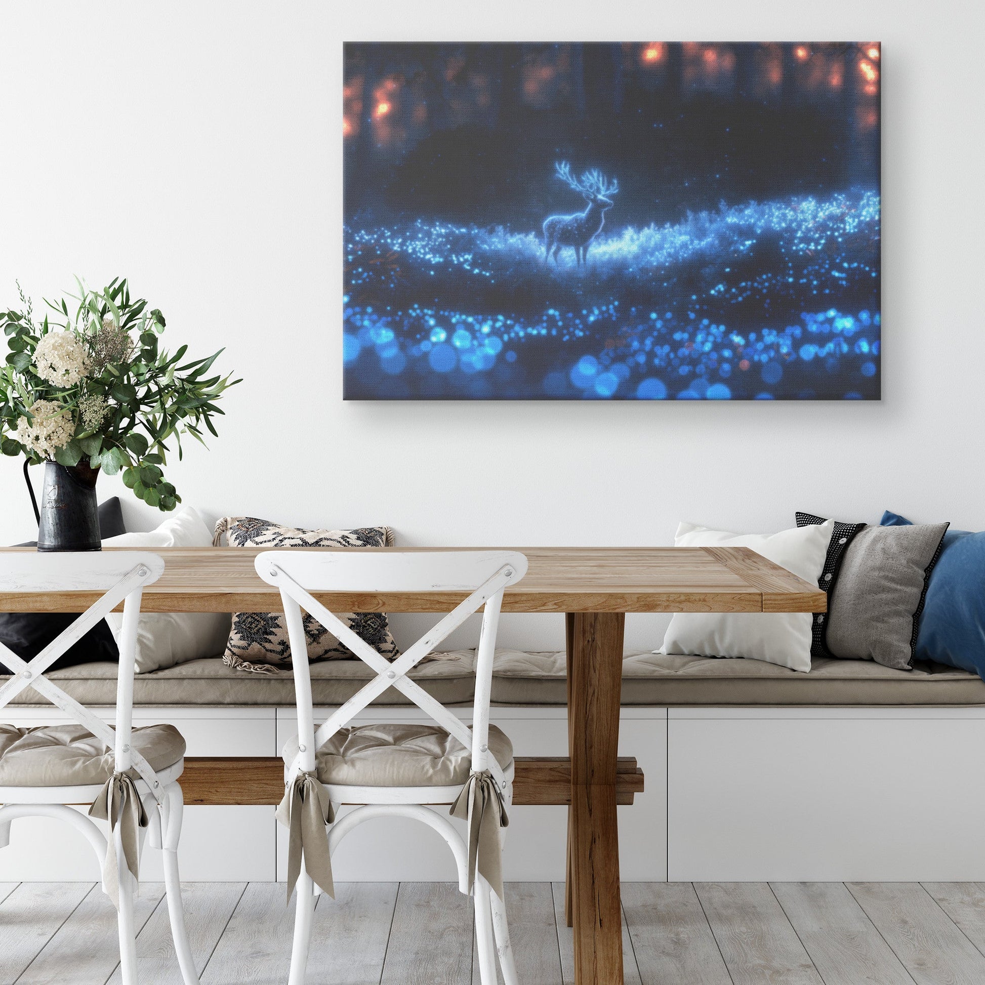 Deer with Glowing Antlers in Bioluminescent Forest Shimmering Plants Surreal Magical Canvas Wall Art Decor - Awakening Righteousness