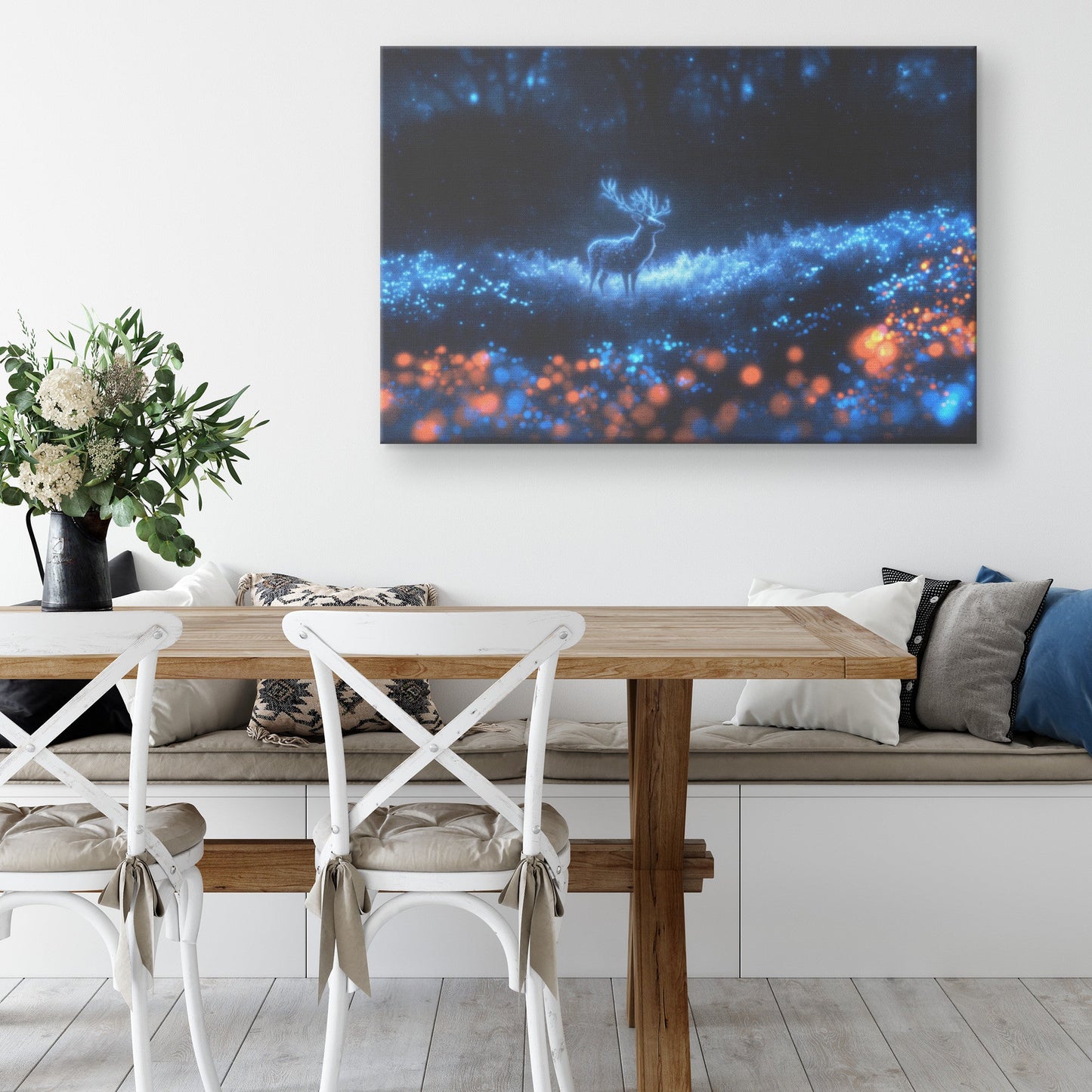 Deer with Glowing Antlers in Bioluminescent Forest Shimmering Plants Surreal Magical Canvas Wall Art Decor - Awakening Righteousness