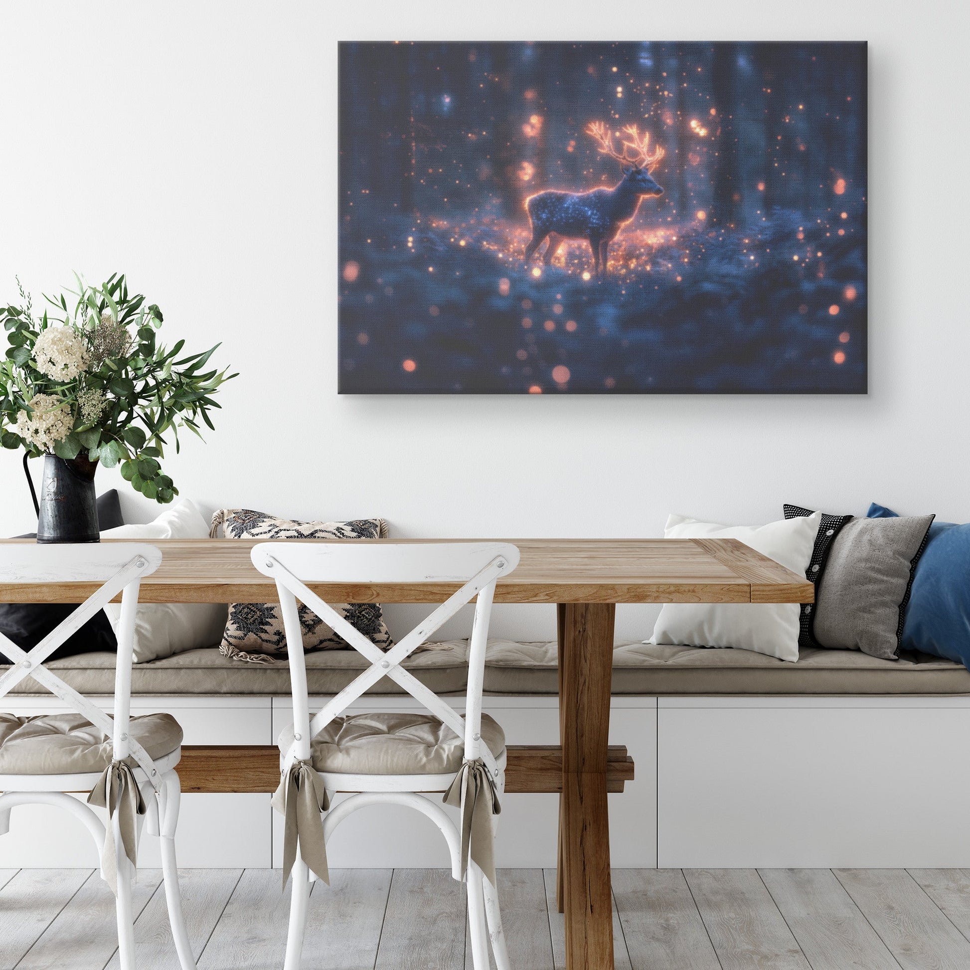 Deer with Glowing Antlers in Bioluminescent Forest Shimmering Plants Surreal Magical Canvas Wall Art Decor - Awakening Righteousness