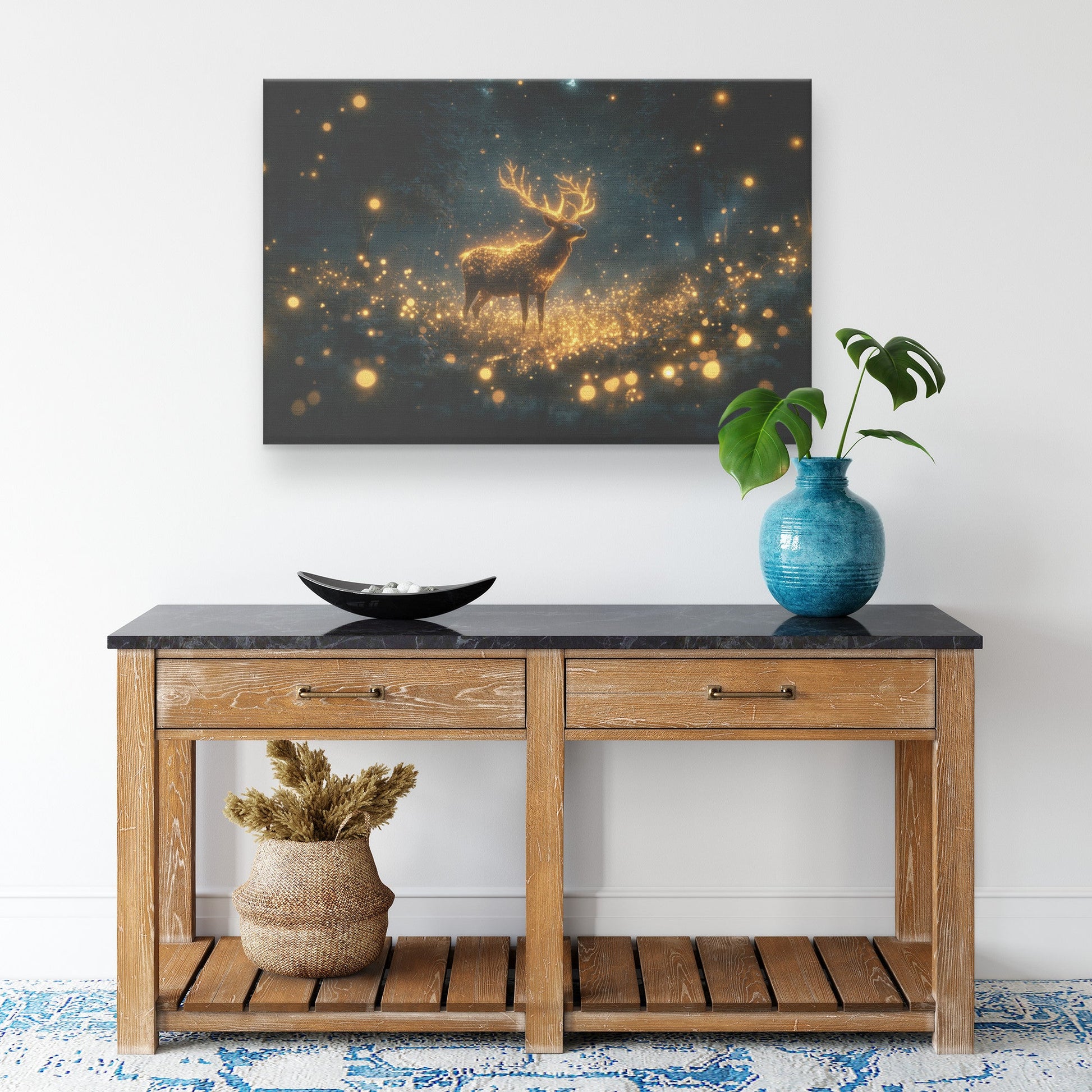 Deer with Glowing Antlers in Bioluminescent Forest Shimmering Plants Surreal Magical Canvas Wall Art Decor - Awakening Righteousness
