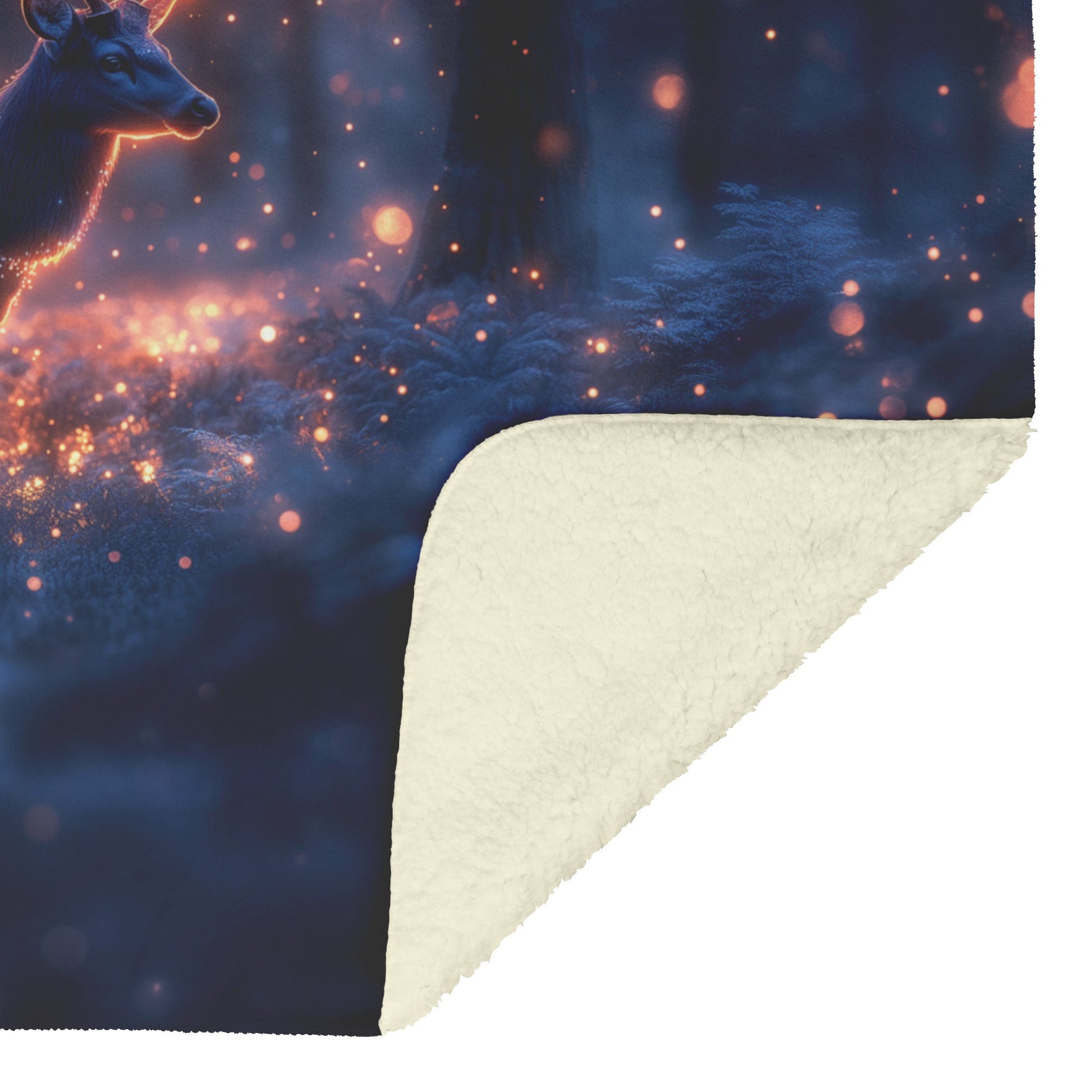 Deer with Glowing Antlers in Bioluminescent Forest Surrounded by Shimmering Plants Fleece Sherpa Blanket - Awakening Righteousness