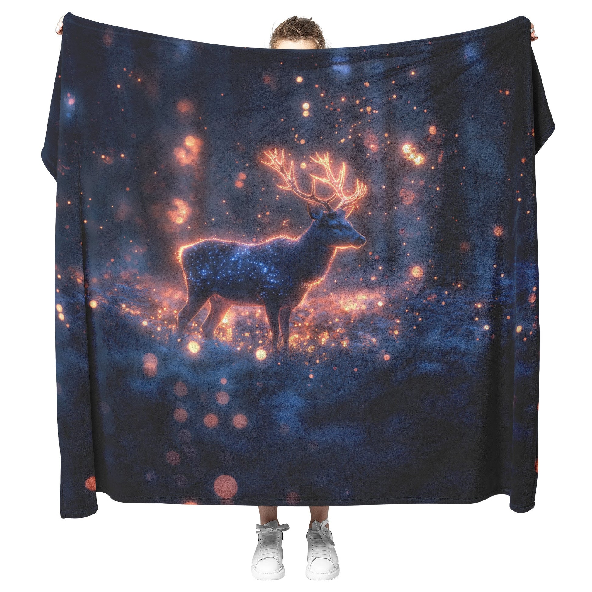 Deer with Glowing Antlers in Bioluminescent Forest Surrounded by Shimmering Plants Fleece Sherpa Blanket - Awakening Righteousness