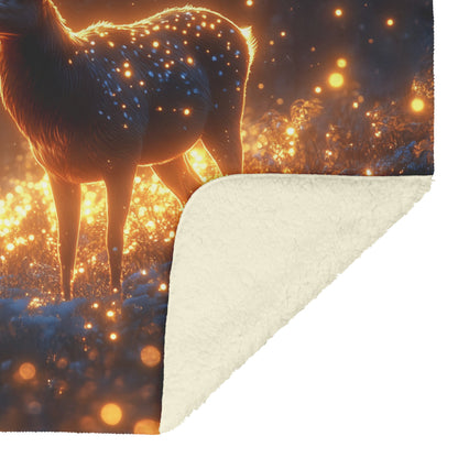 Deer with Glowing Antlers in Bioluminescent Forest Surrounded by Shimmering Plants Fleece Sherpa Blanket - Awakening Righteousness