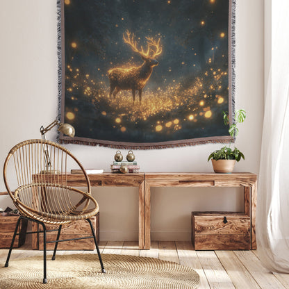 Deer with Glowing Antlers in Bioluminescent Forest Surrounded by Shimmering Plants Magical Woven Throw Blanket - Awakening Righteousness