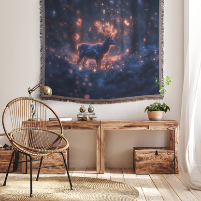 Deer with Glowing Antlers in Bioluminescent Forest Surrounded by Shimmering Plants Magical Woven Throw Blanket - Awakening Righteousness