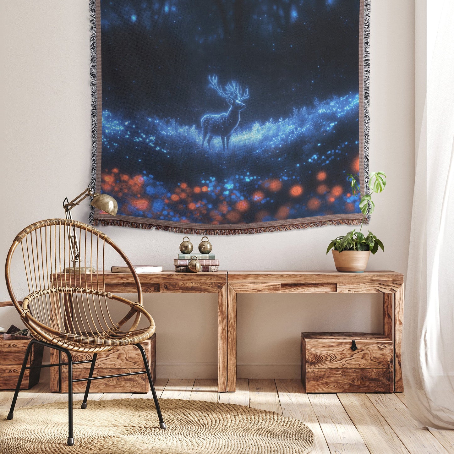 Deer with Glowing Antlers in Bioluminescent Forest Surrounded by Shimmering Plants Magical Woven Throw Blanket - Awakening Righteousness