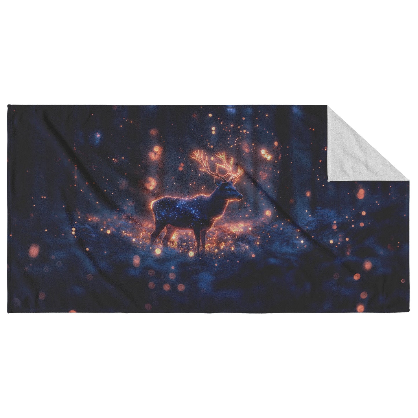 Deer With Glowing Antlers Standing in Bioluminescent Forest Surrounded by Shimmering Plants Magical Wildlife Beach Towel - Awakening Righteousness