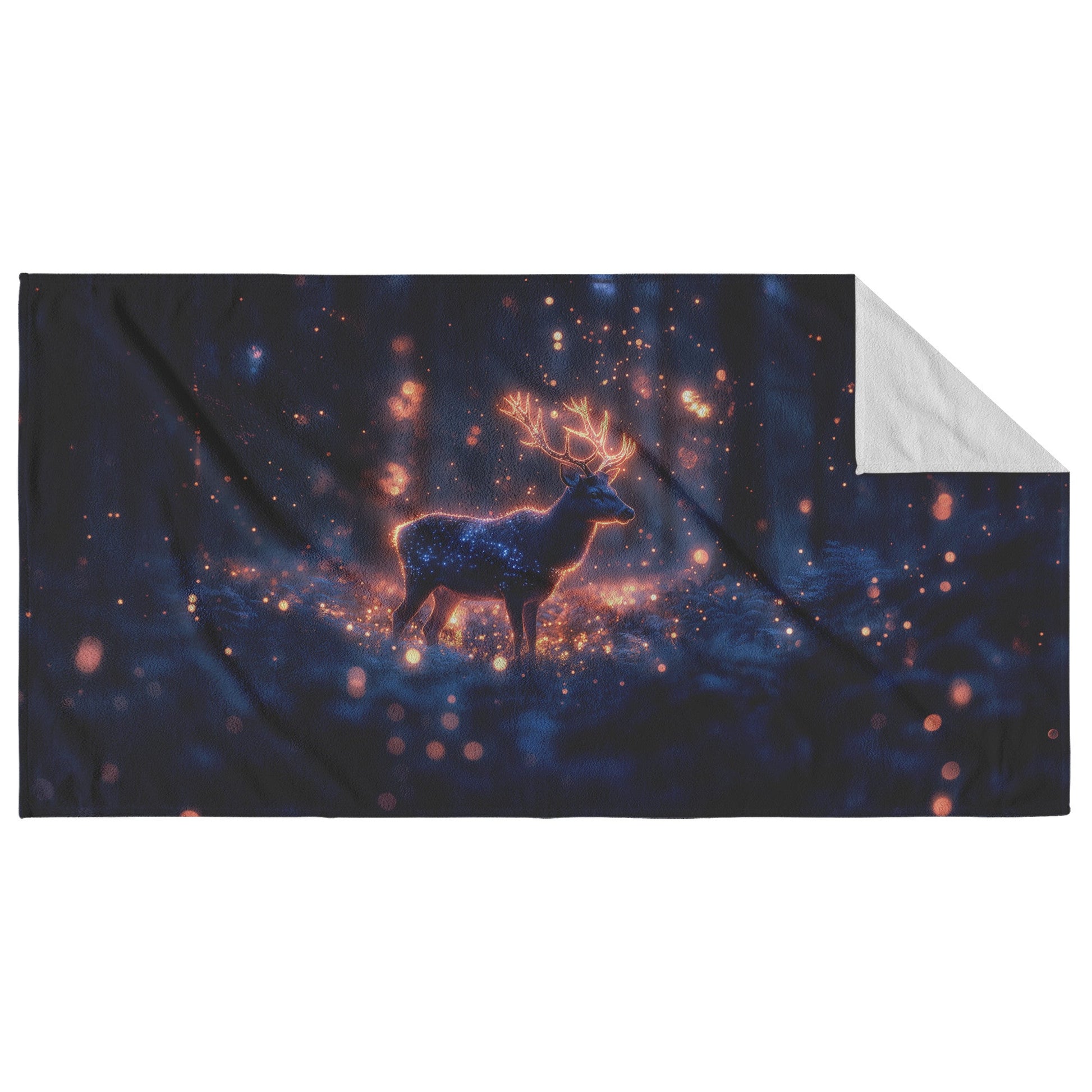 Deer With Glowing Antlers Standing in Bioluminescent Forest Surrounded by Shimmering Plants Magical Wildlife Beach Towel - Awakening Righteousness