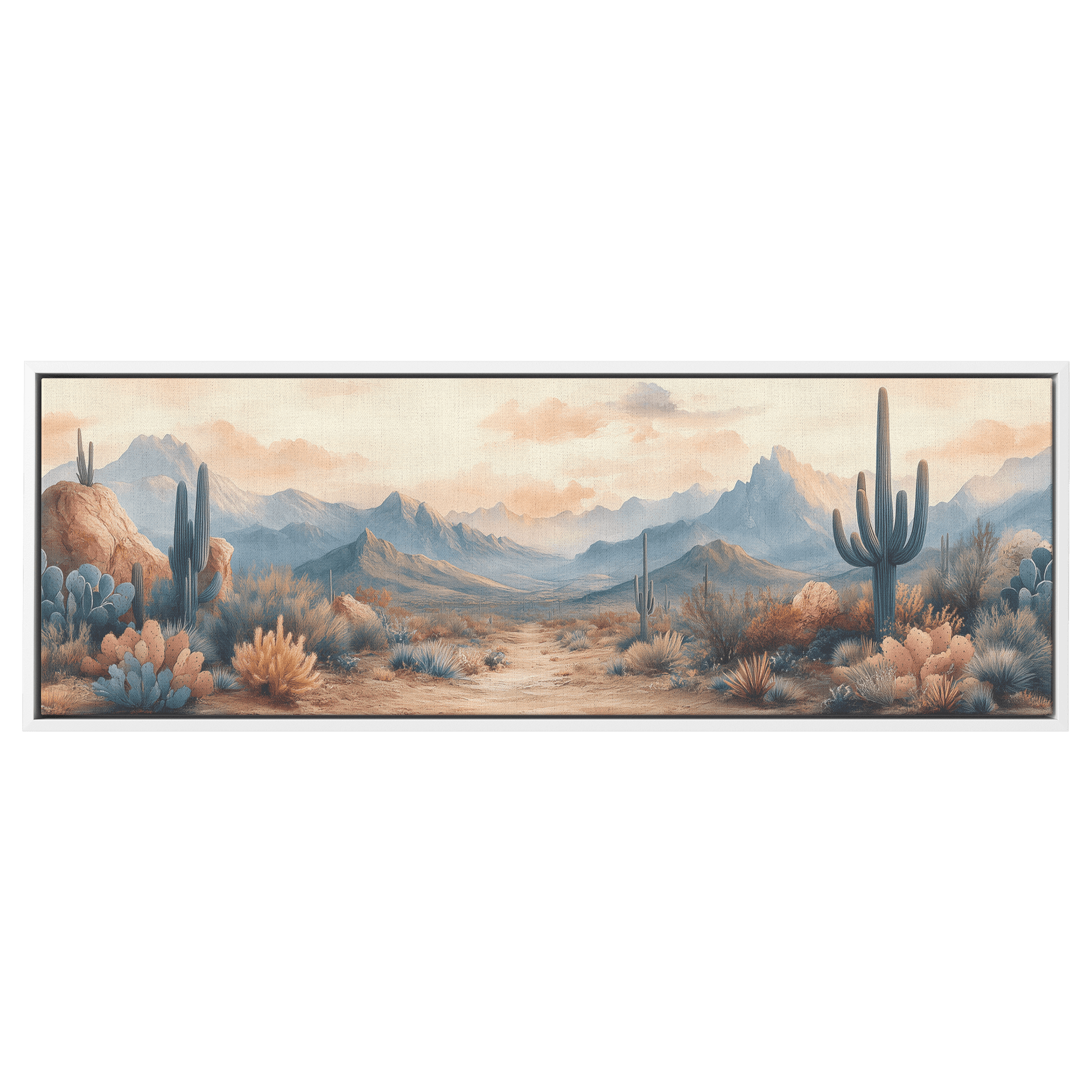 Desert Scene Minimalist Mountains Scattered Cacti Muted Sand Taupe Tones Ultra High Definition Panoramic Framed Canvas Wall Art - Awakening Righteousness