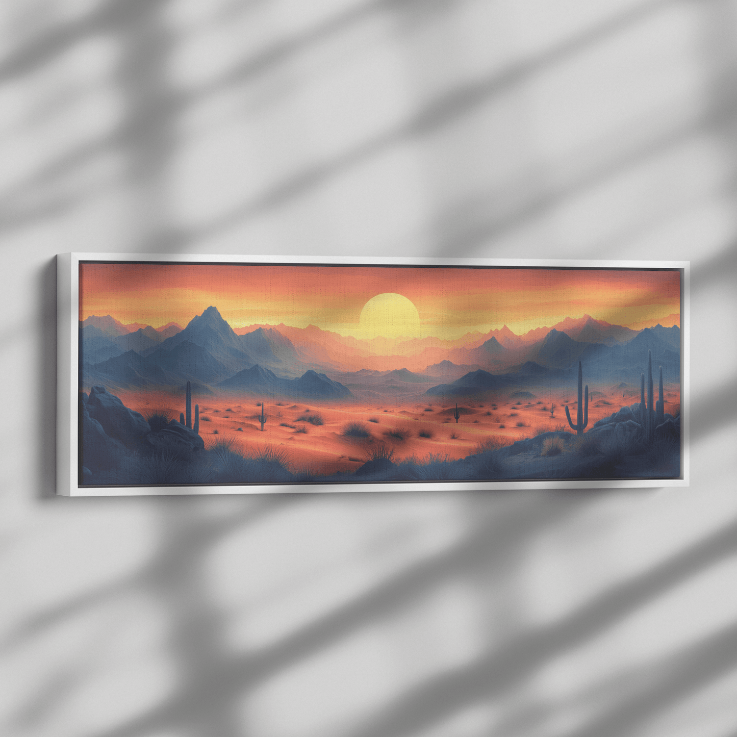Desert Scene Minimalist Mountains Scattered Cacti Muted Sand Taupe Tones Ultra High Definition Panoramic Framed Canvas Wall Art - Awakening Righteousness