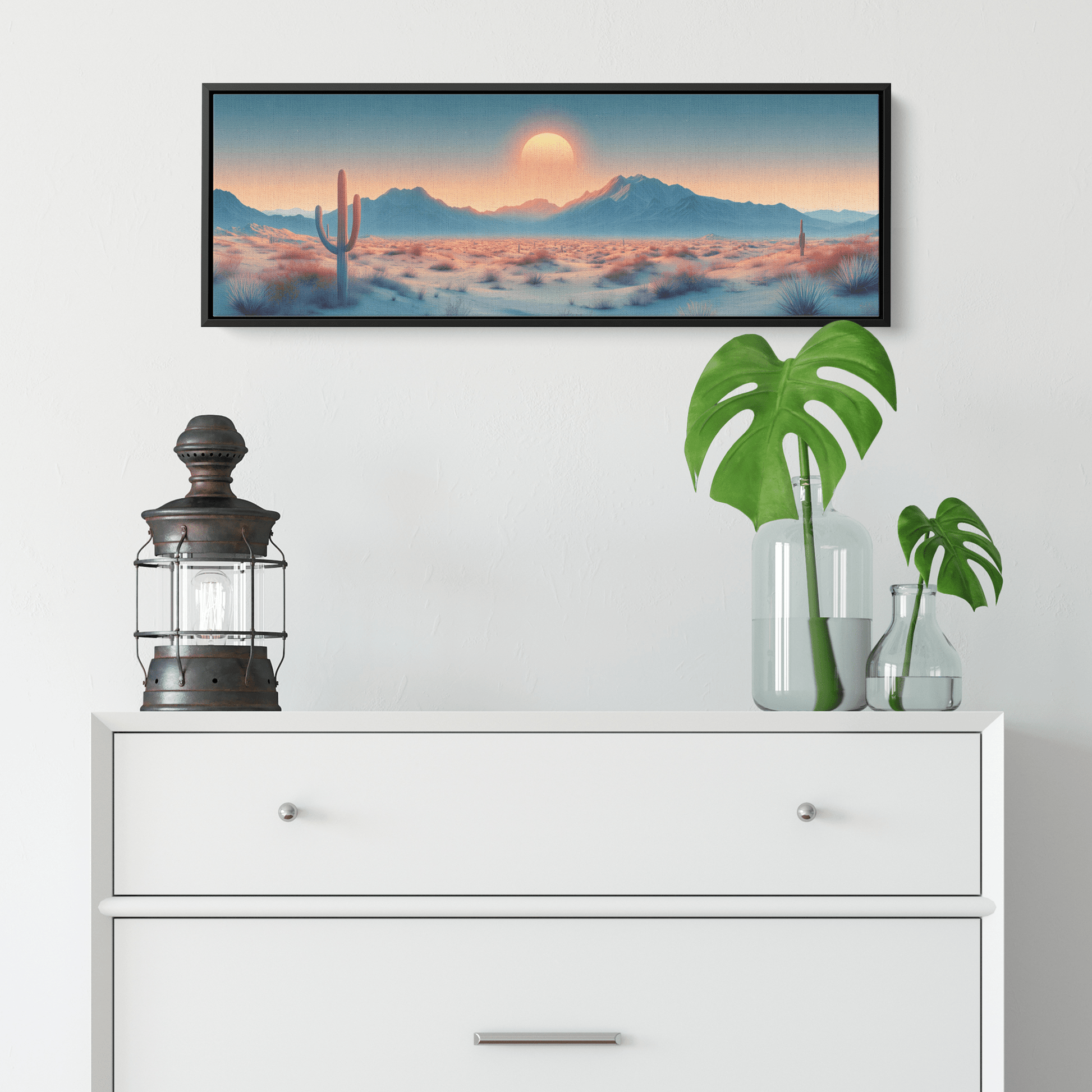 Desert Scene Minimalist Mountains Scattered Cacti Muted Sand Taupe Tones Ultra High Definition Panoramic Framed Canvas Wall Art - Awakening Righteousness
