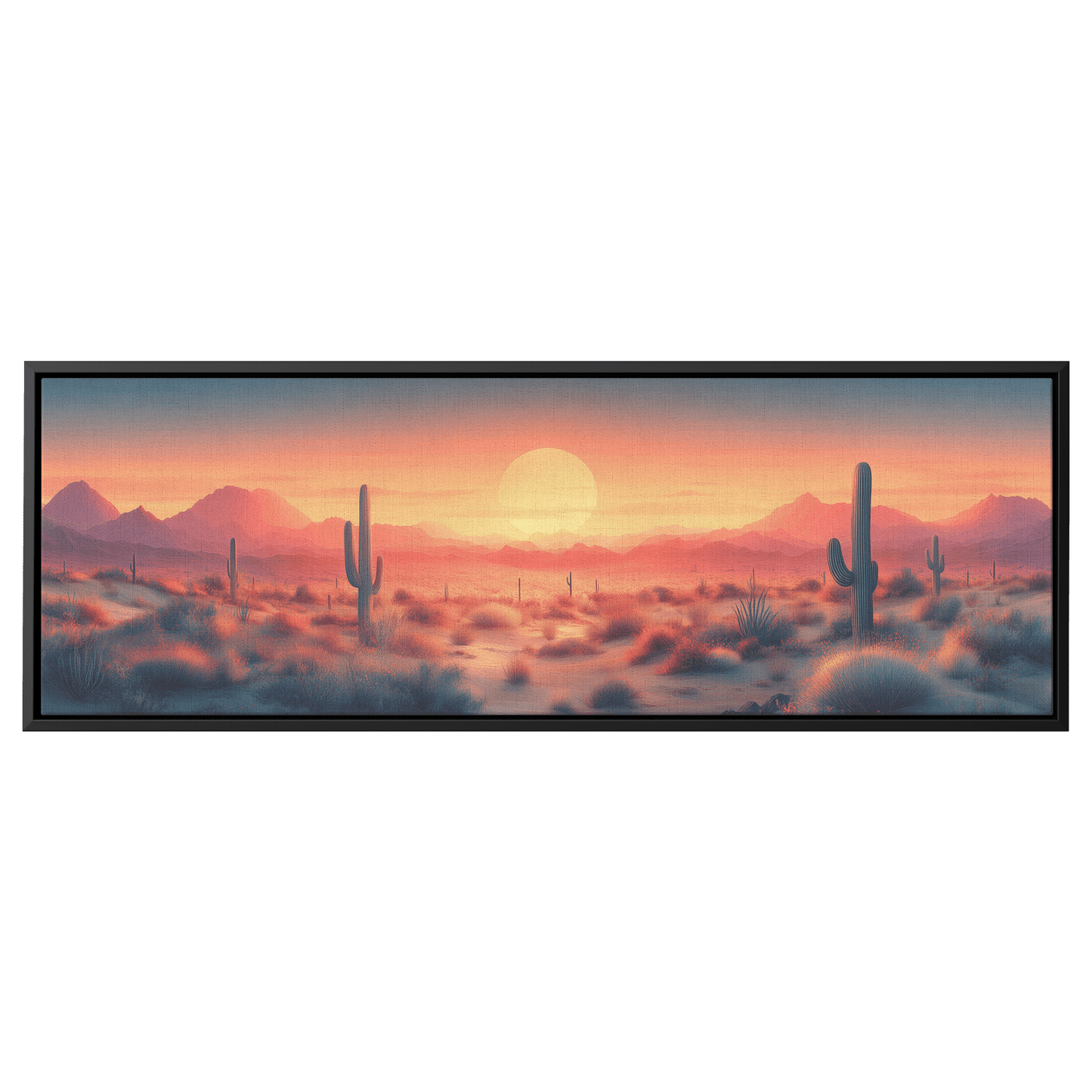 Desert Scene Muted Beige Tones Minimalist Cacti Soft Linework Mountains Ultra High Definition Panoramic Framed Canvas Wall Art - Awakening Righteousness
