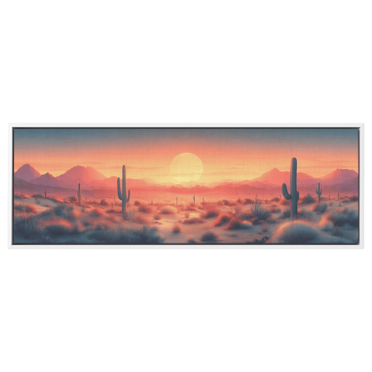 Desert Scene Muted Beige Tones Minimalist Cacti Soft Linework Mountains Ultra High Definition Panoramic Framed Canvas Wall Art - Awakening Righteousness