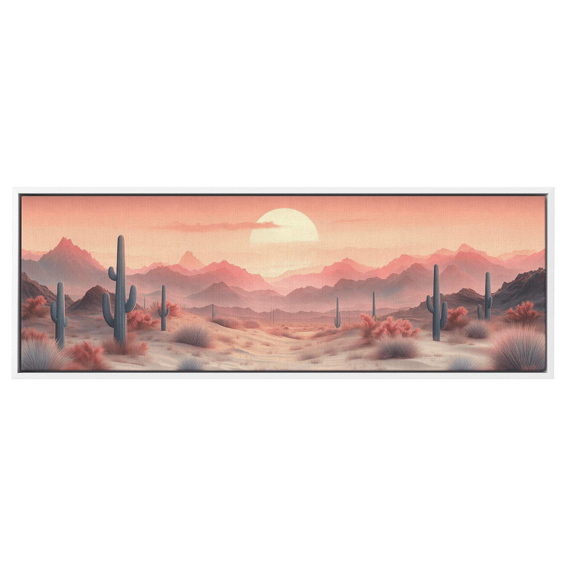 Desert Scene Muted Beige Tones Minimalist Cacti Soft Linework Mountains Ultra High Definition Panoramic Framed Canvas Wall Art - Awakening Righteousness