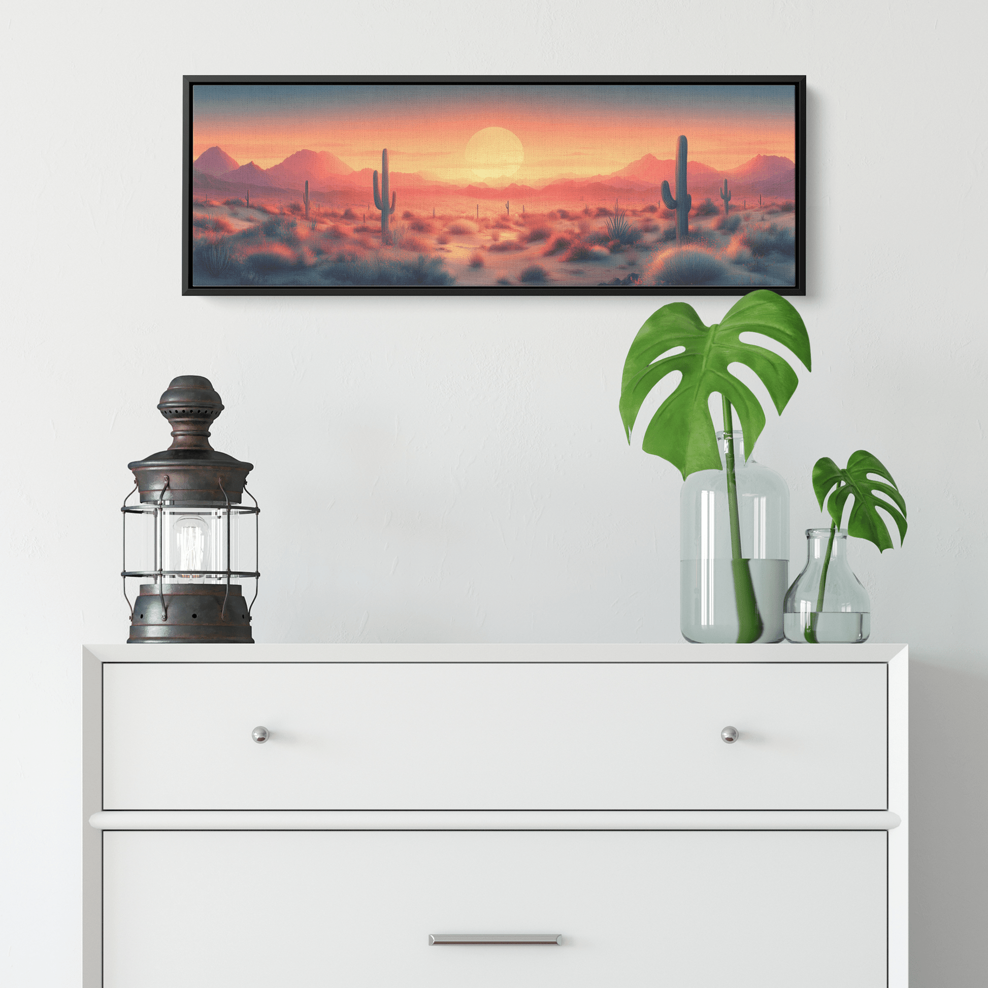 Desert Scene Muted Beige Tones Minimalist Cacti Soft Linework Mountains Ultra High Definition Panoramic Framed Canvas Wall Art - Awakening Righteousness