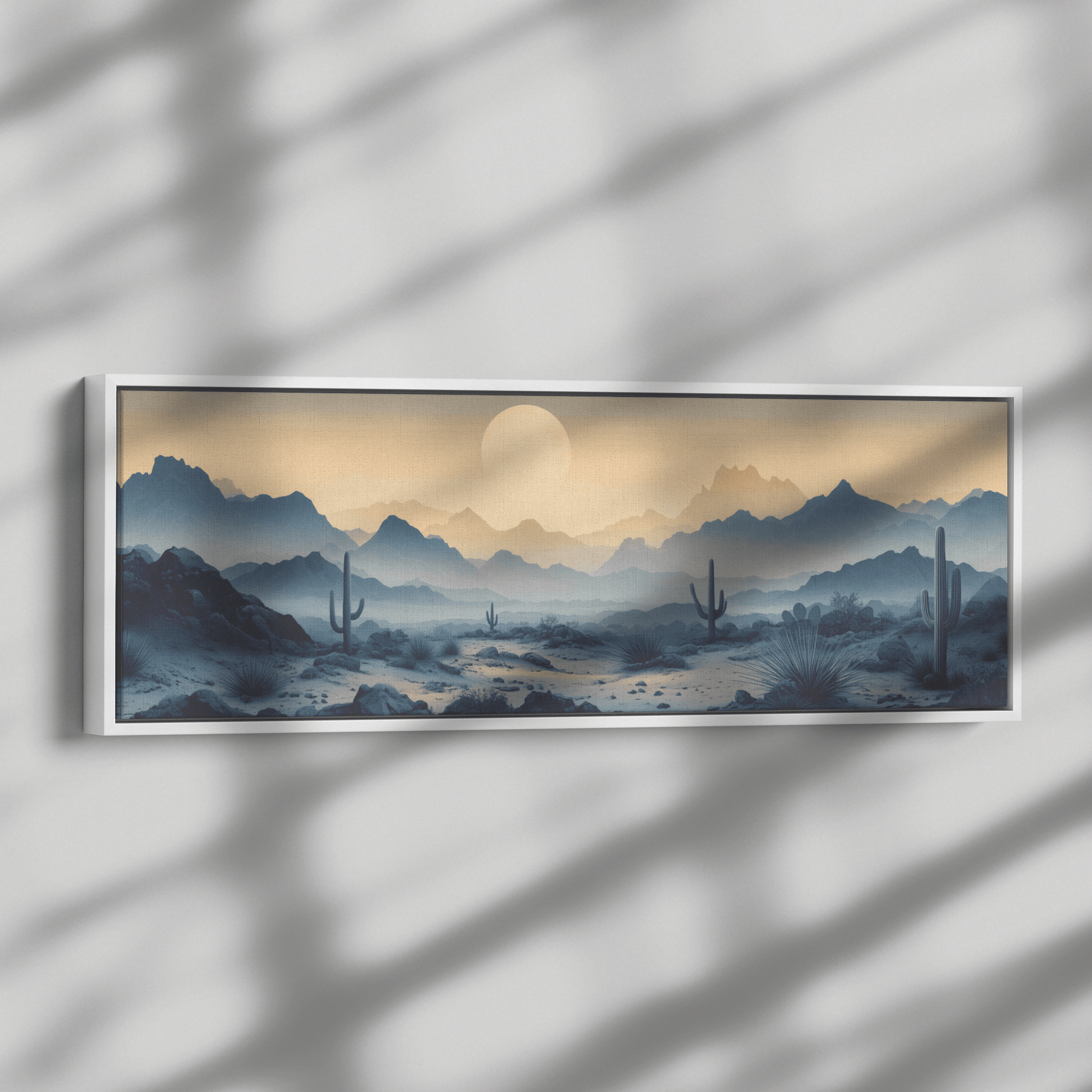 Desert Scene Scattered Saguaros Layered Minimalist Mountains Soft Taupe Gray Tones Panoramic Framed Canvas Wall Art - Awakening Righteousness