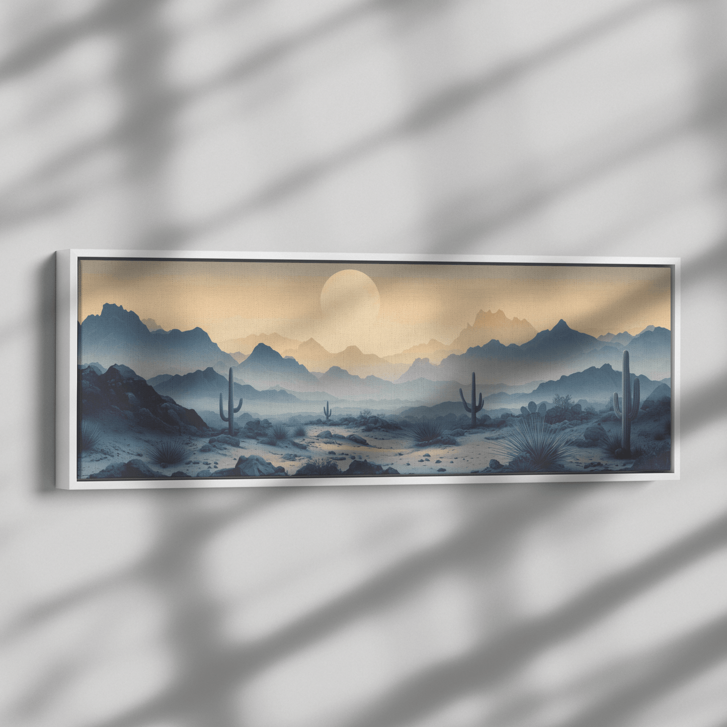 Desert Scene Scattered Saguaros Layered Minimalist Mountains Soft Taupe Gray Tones Panoramic Framed Canvas Wall Art - Awakening Righteousness