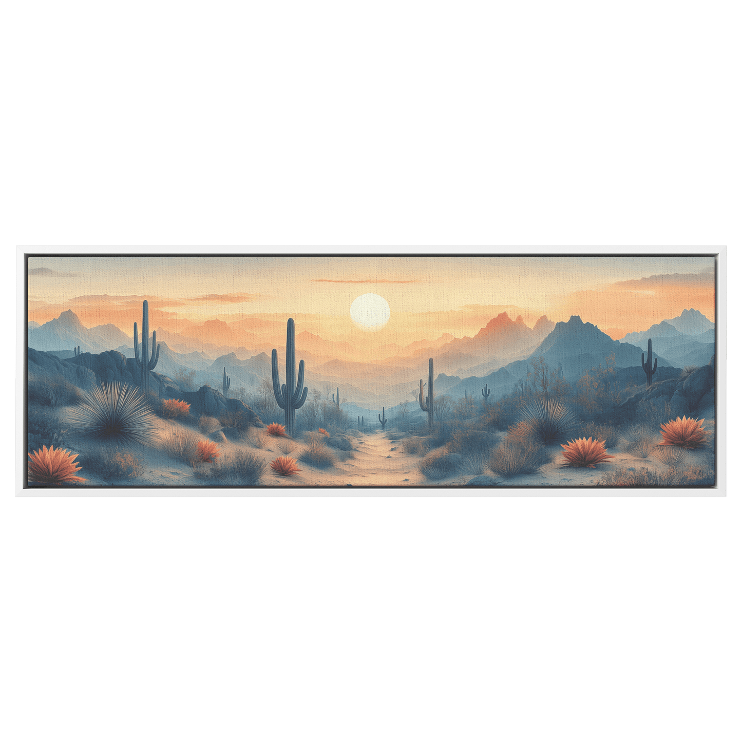 Desert Scene Scattered Saguaros Layered Minimalist Mountains Soft Taupe Gray Tones Panoramic Framed Canvas Wall Art - Awakening Righteousness