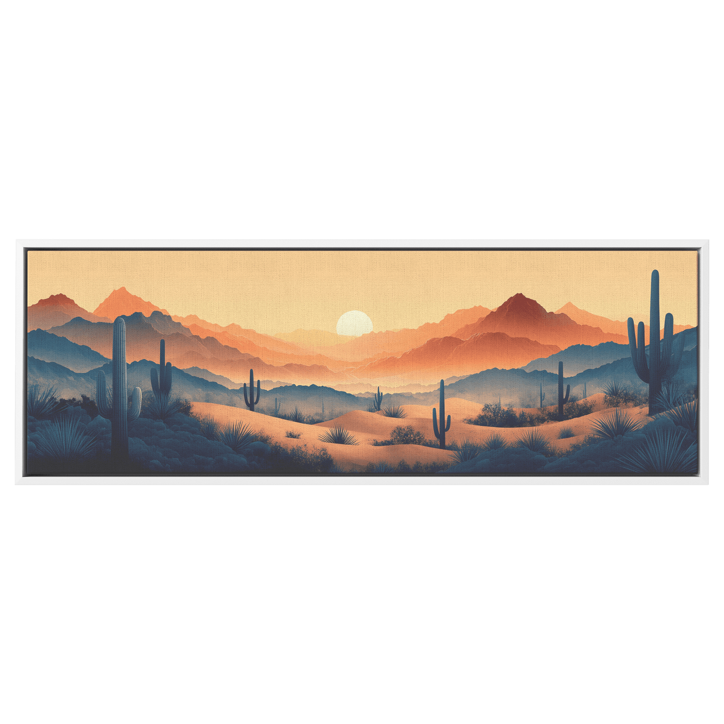 Desert Scene Serene Landscape Abstract Cacti Silhouettes Pale Beige Mountains Ultra High Definition Panoramic Framed Canvas Wall Art - Awakening Righteousness